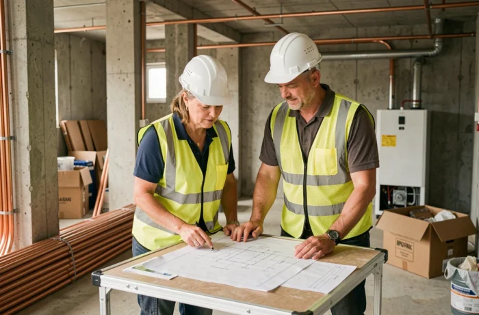 Ingénieurs consultant les plans techniques pour l'installation d'une chaudière à condensation en immeuble collectif