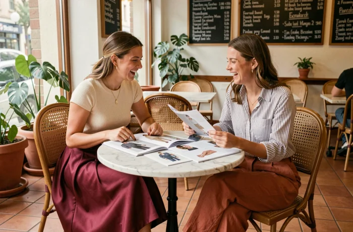 Deux femmes aux looks tendance discutant de nouveautés mode autour d'un lookbook dans un café parisien chaleureux