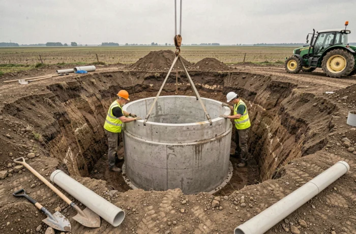 Installation d'une cuve béton enterrée pour le stockage d'eau de pluie en milieu agricole