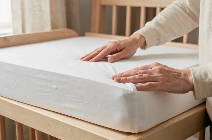 Mains de maman installant un drap housse coton bio blanc sur un matelas de bébé dans une chambre minimaliste