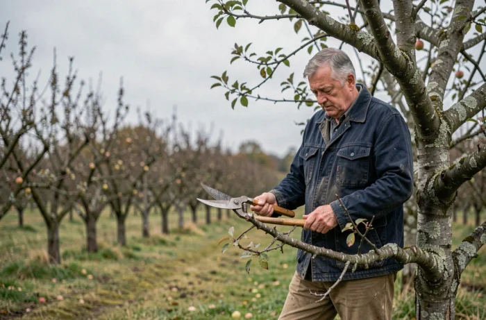 Jardinier âgé taillant un pommier dans un verger en automne avec des sécateurs en bois