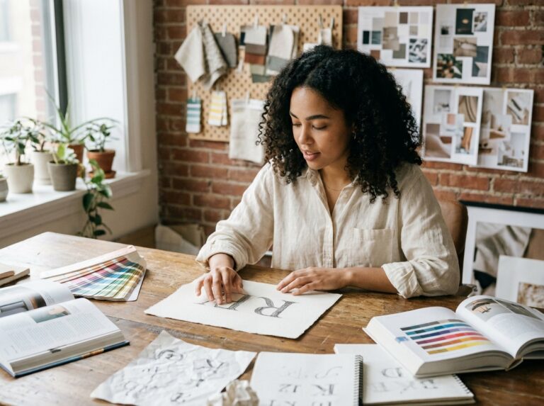 Jeune femme créative étudiant le design graphique entourée de swatches Pantone et de croquis typographiques dans un studio artistique
