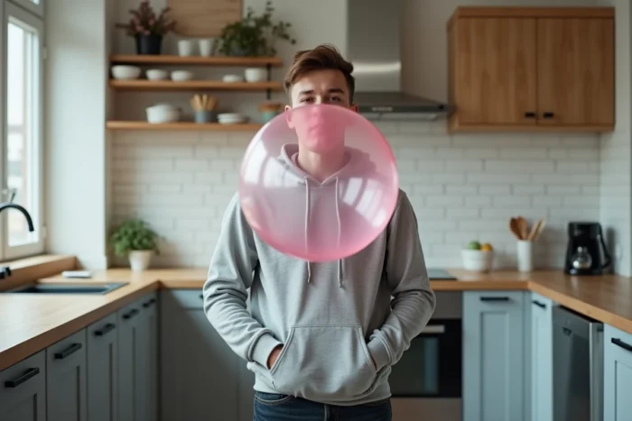 Jeune homme soufflant une grosse bulle de chewing-gum rose dans une cuisine moderne