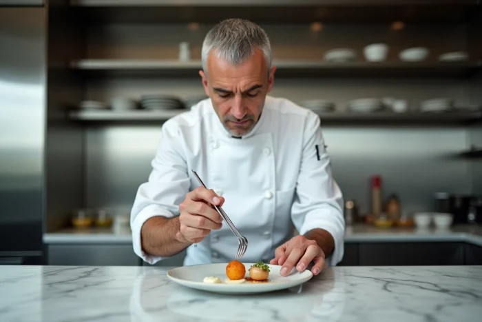 Portrait de Joël Robuchon en train de dresser méticuleusement une assiette dans sa cuisine gastronomique moderne
