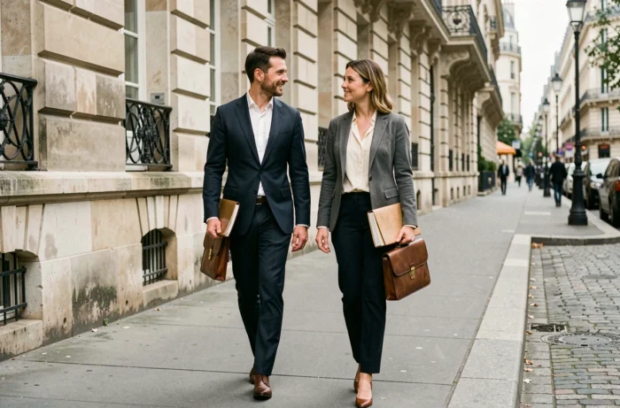 Deux journalistes français marchant dans une rue parisienne classique avec des bâtiments en pierre