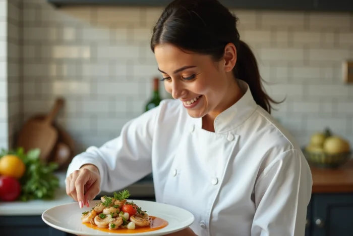Portrait de Julia Sedefdjian dressant un plat méditerranéen délicat dans la cuisine de son restaurant niçois
