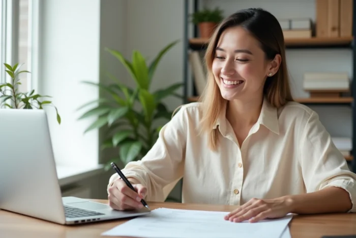 Locataire signant un contrat de location en ligne sur un bureau moderne avec ordinateur portable
