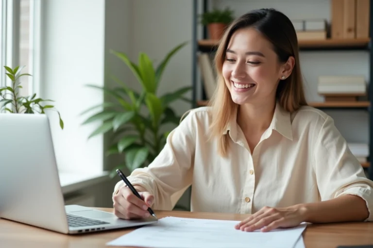Locataire signant un contrat de location en ligne sur un bureau moderne avec ordinateur portable