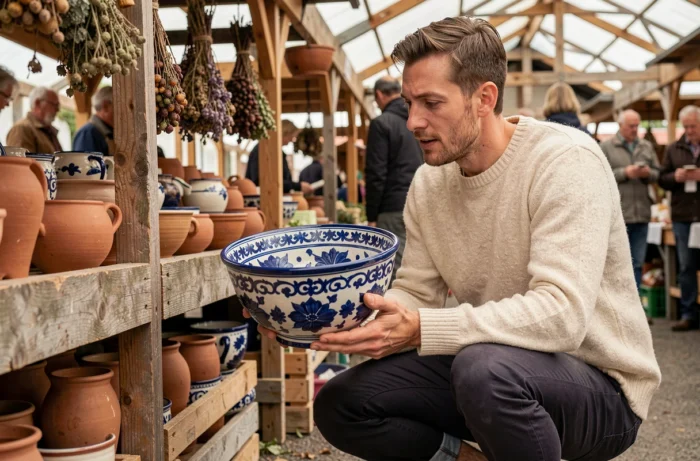 Homme examinant une poterie traditionnelle de Quimper dans un marché artisanal couvert en Bretagne