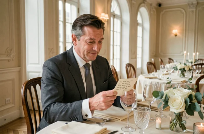 Marié en costume gris anthracite relisant son discours à une table de réception décorée dans une salle parisienne