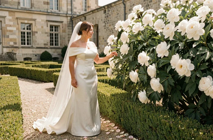 Mariée en robe blanche satinée dans le jardin d'un château français parmi des pivoines en fleurs