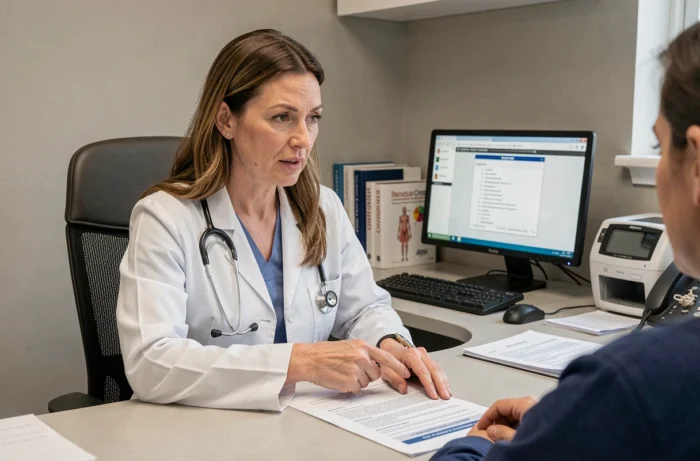 Médecin généraliste expliquant à sa patiente les contre-indications et les erreurs à éviter avec le médicament Argel 7