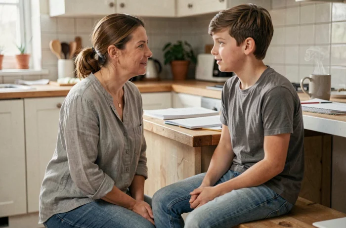 Mère attentive discutant avec son adolescent dans une cuisine familiale chaleureuse