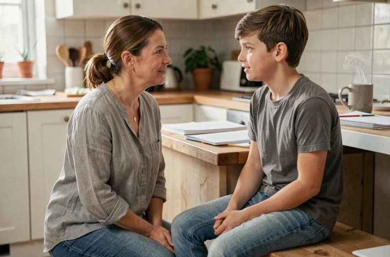 Mère attentive discutant avec son adolescent dans une cuisine familiale chaleureuse