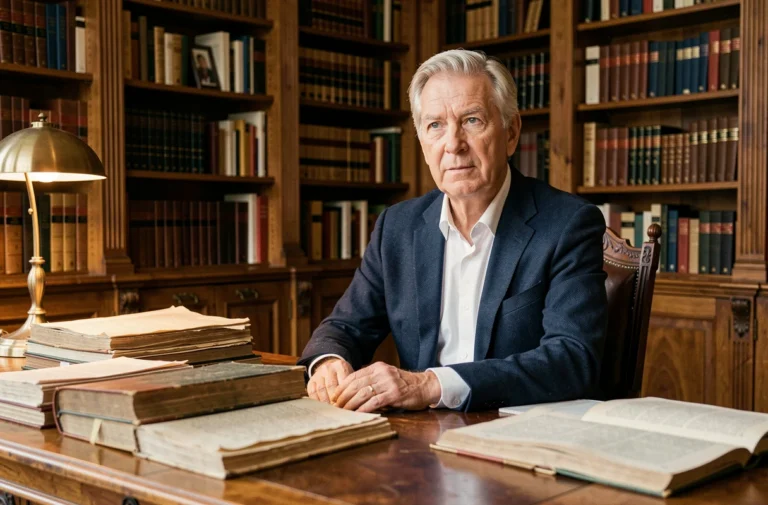 Portrait d'un homme distingué assis dans un bureau parisien classique entouré de livres anciens, évoquant l'univers littéraire et mystérieux de Michel Lafon