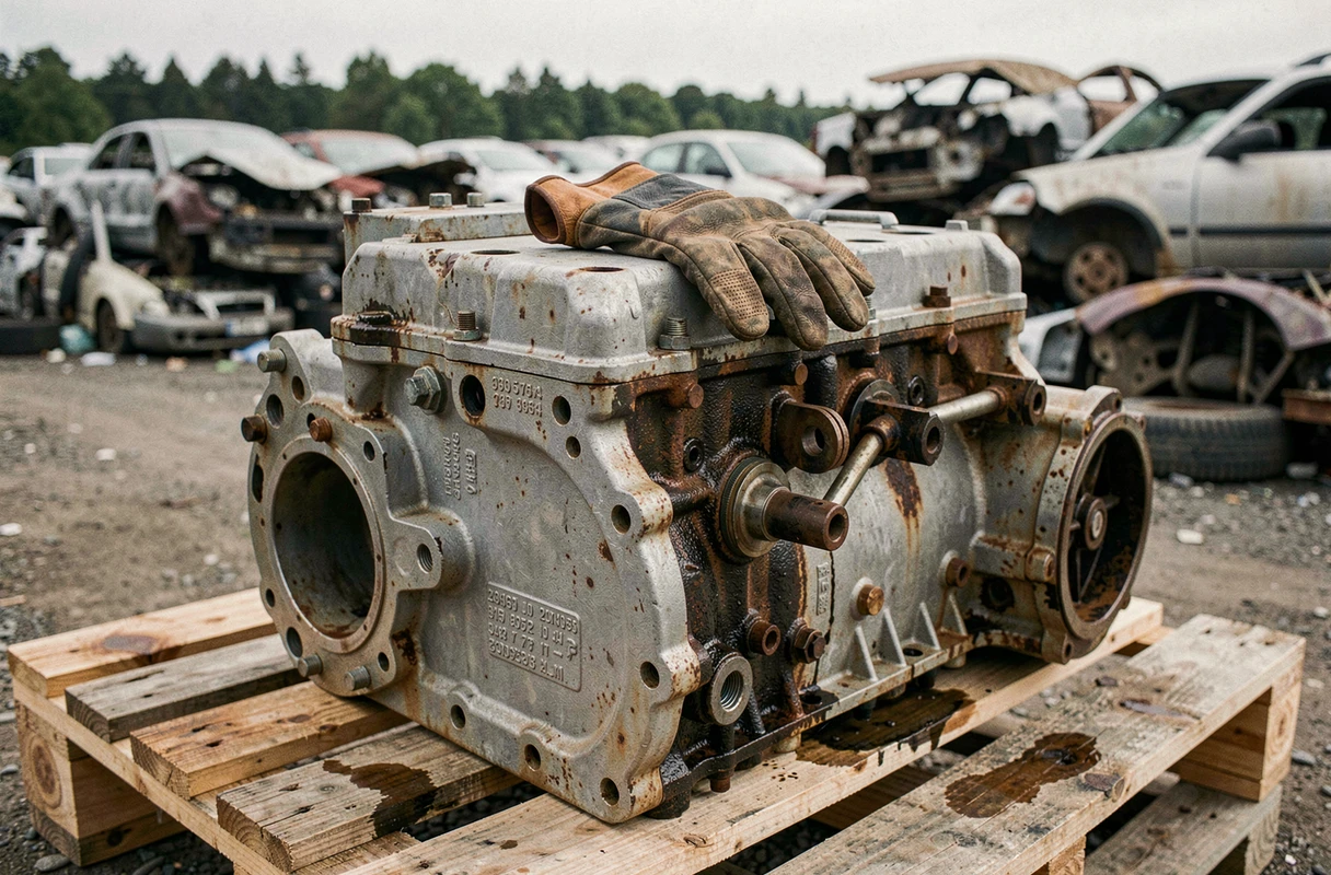 Gros plan d'un moteur d'occasion récupéré dans une casse automobile avec numéro de série visible