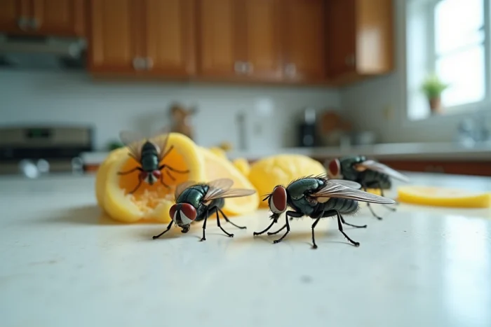 Gros plan de mouches domestiques sur un plan de travail de cuisine en céramique blanche, illustrant un problème d'infestation de mouches dans la maison