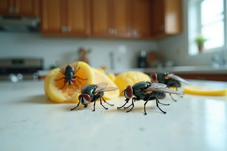 Gros plan de mouches domestiques sur un plan de travail de cuisine en céramique blanche, illustrant un problème d'infestation de mouches dans la maison