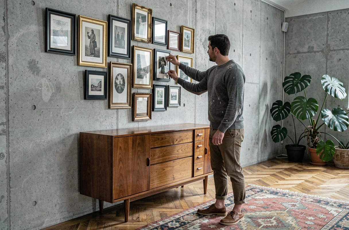 Homme créant un mur de cadres vintage au-dessus d'un buffet mid-century dans un appartement à décoration tendance petit budget
