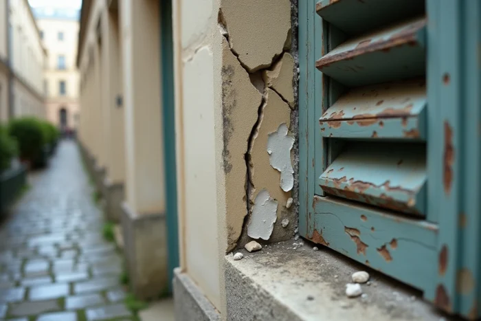 Détail de mur extérieur fissuré avec traces d'humidité et efflorescence sur une façade d'immeuble en copropriété