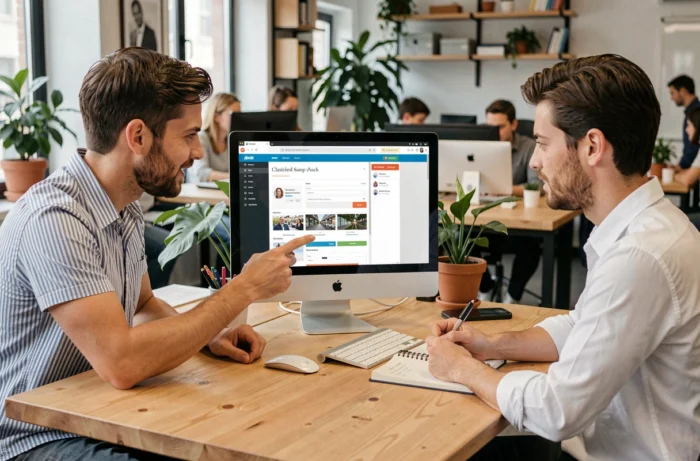 Deux collègues naviguant ensemble sur un espace membre d'un site d'annonces en ligne dans un espace de coworking