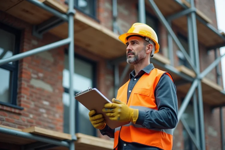 Ouvrier sur un échafaudage aluminium en façade de bâtiment résidentiel consultant des documents de chantier