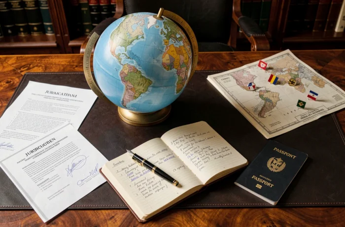 Vue en plongée d'un bureau avec globe terrestre, documents juridiques et carte des juridictions fiscales internationales