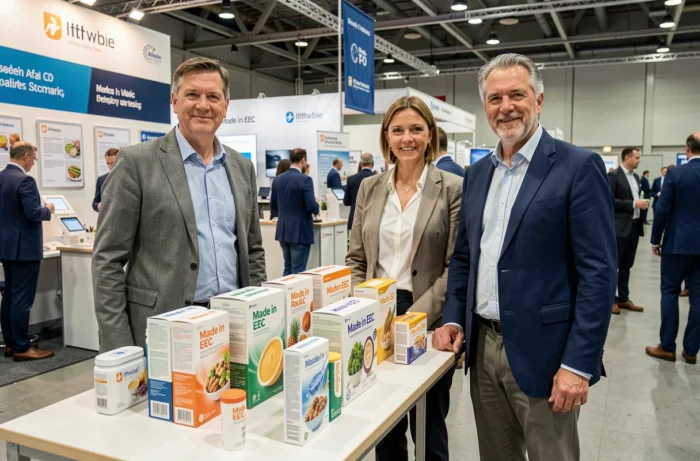 Deux partenaires commerciaux présentant des produits estampillés Made in EEC lors d'un salon professionnel européen