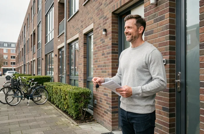 Particulier tenant ses clés devant un immeuble résidentiel moderne après signature d'un contrat de logement