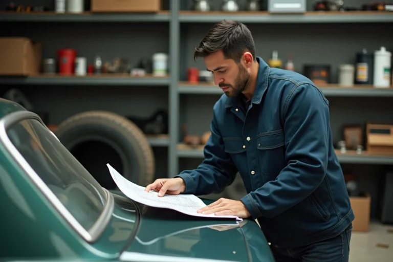 Passionné d'automobiles consultant des ressources techniques sur une Mustang classique dans un garage privé