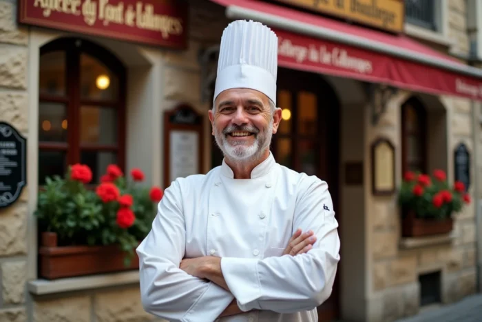 Portrait de Paul Bocuse souriant devant son célèbre restaurant Auberge du Pont de Collonges à Lyon