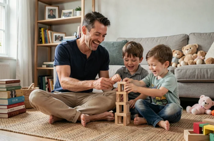 Père jouant et interagissant avec ses enfants sur le sol du salon familial