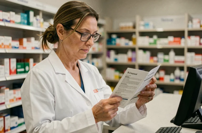 Pharmacienne lisant attentivement la notice d'Argel 7 pour informer sur les contre-indications et erreurs à éviter