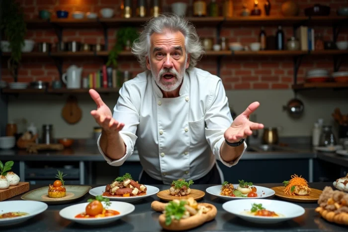Portrait de Pierre Gagnaire gesticulant avec passion devant ses créations culinaires avant-gardistes à Paris