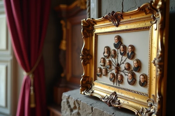 Cadre doré ancien présentant des portraits miniatures en formation d'arbre généalogique représentant des ancêtres royaux français dans un intérieur de château