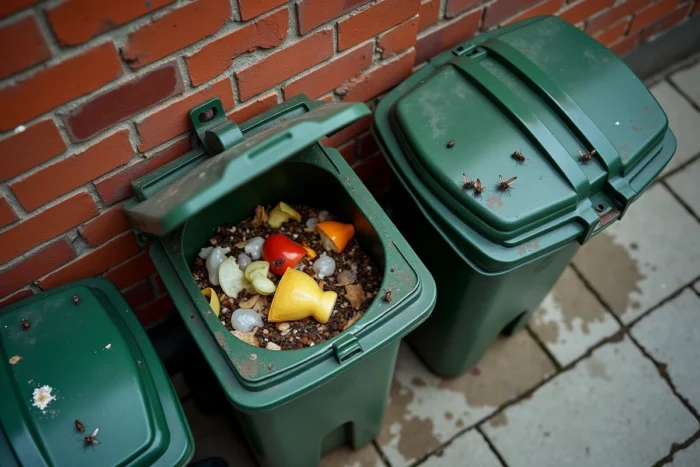 Vue aérienne d'une poubelle extérieure ouverte avec des mouches en vol autour, illustrant les causes d'une prolifération de mouches près de la maison