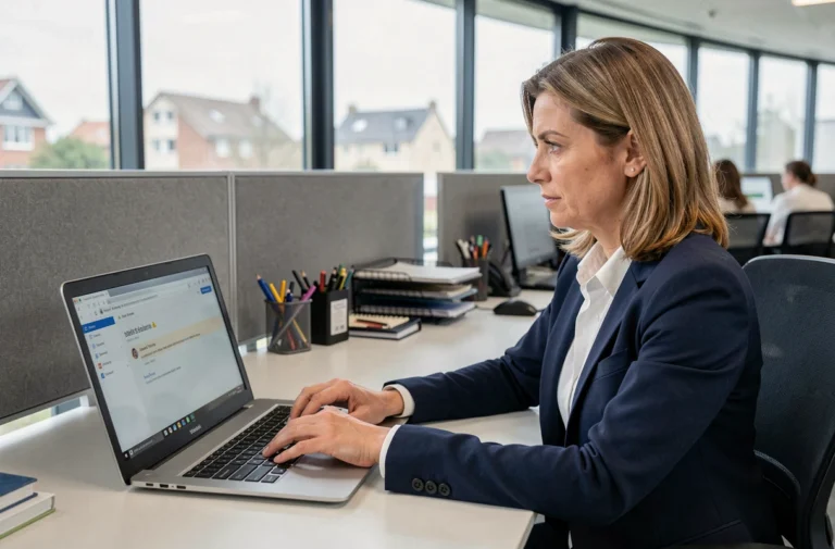 Femme professionnelle résolvant un problème de webmail sur son ordinateur portable dans un bureau moderne à Créteil
