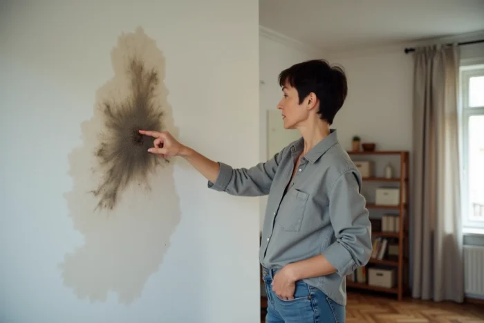 Propriétaire d'appartement montrant une infiltration d'humidité au plafond dans son logement en copropriété