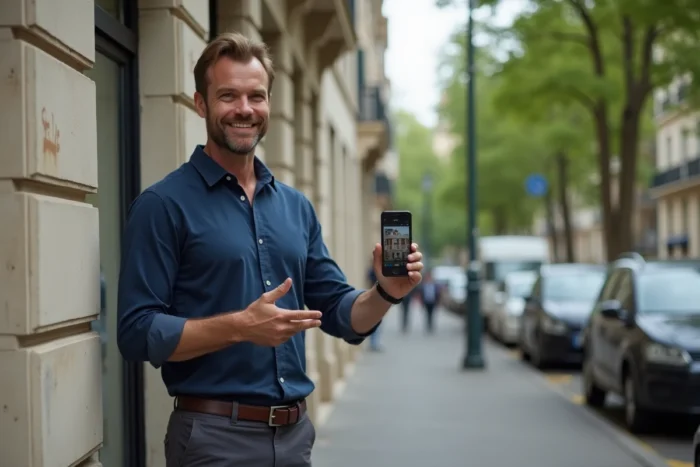 Propriétaire présentant son appartement à louer devant un immeuble haussmannien en ville