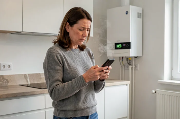 Femme inquiète consultant son téléphone devant une chaudière affichant un code d'erreur dans une cuisine bruxelloise
