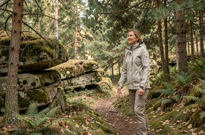Randonneuse en forêt sur un sentier boisé près de La Petite Pierre dans les Vosges du Nord