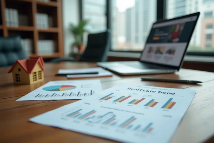 Rapport de tendances du marché immobilier avec graphiques et chiffres sur un bureau de bureau professionnel