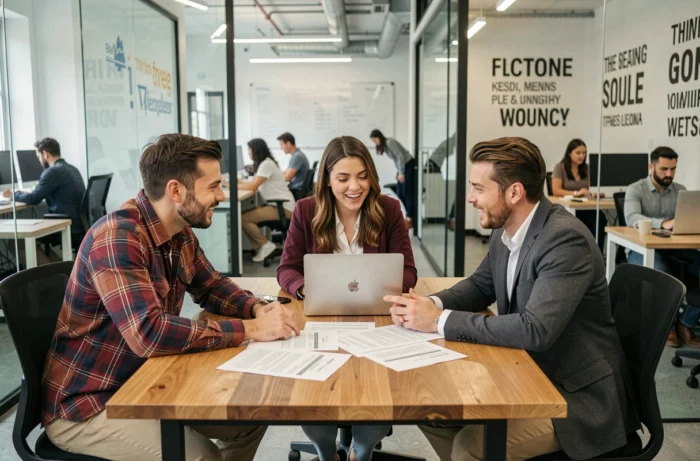 Équipe de recrutement d'une startup discutant de candidatures autour d'une table en bois dans une salle de réunion vitrée