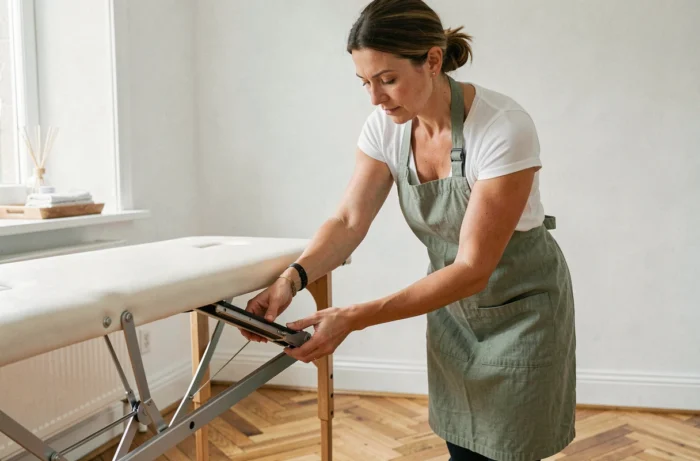 Femme ajustant la hauteur d'une table de massage pliante à domicile avec précision et soin