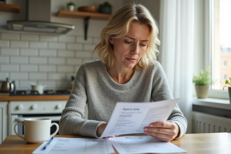 Femme consultant des documents de remboursement mutuelle Pacifica à la table de cuisine