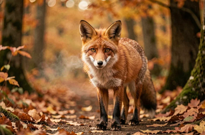 Renard roux sauvage sur un sentier forestier en automne, regard alerte et fourrure rousse au milieu des feuilles colorées