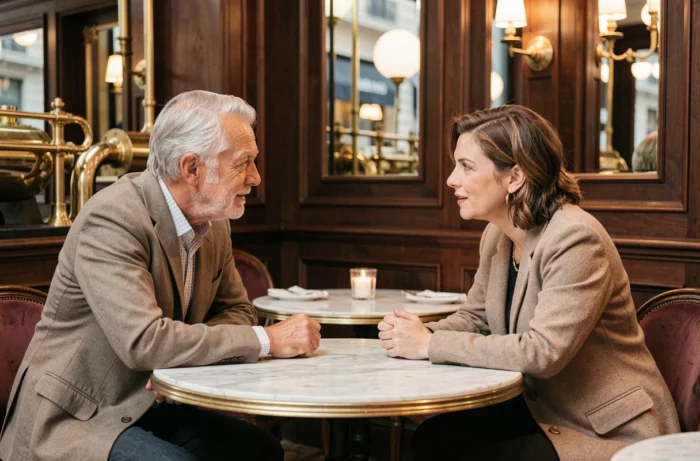 Homme et femme en conversation intime dans une brasserie parisienne raffinée, illustrant une rencontre chargée d'émotion et de révélations familiales