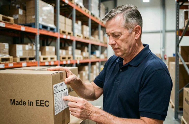 Responsable logistique examinant une étiquette 'Made in EEC' sur un carton dans un entrepôt européen moderne