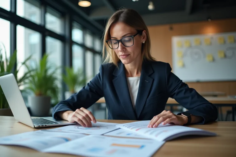 Responsable RH analysant des étapes de déploiement SIRH dans un bureau moderne avec documents et tableau de bord numérique