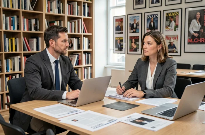 Deux journalistes en réunion éditoriale dans un bureau parisien contemporain avec documents de presse